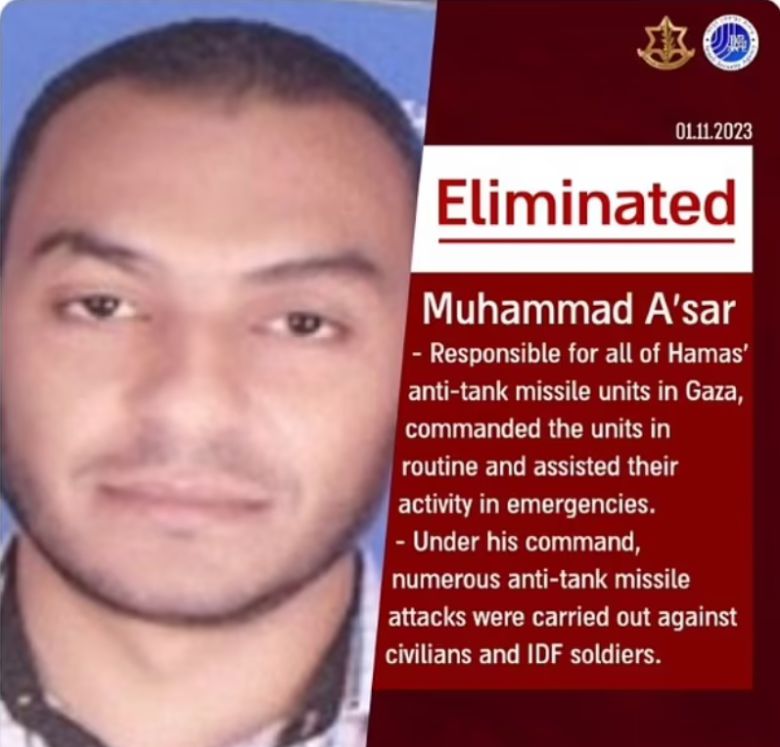 이스라엘군이 지난 1일 가자지구 북부 자발리아 난민촌 공습 당시 전투기 공격을 통해 살해했다고 주장하는 하마스 아사르 사령관. 아사르 사령관은 하마스에서 대전자부대를 이끈 수장으로 알려져 있다. 하마스는 이 같은 주장에 대한 공식 입장을 내놓지 않고 있다