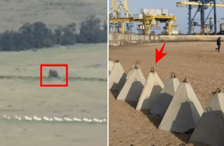 러시아군의 방어선인 ‘용의 이빨’로 진격하다가 참호와 충돌하는 우크라이나 군용차량(사진)의 모습을 담은 영상이 SNS에서 확산하고 있다(왼쪽), 러시아군이 우크라이나 점령지에 설치한 방어선 ‘용의 이빨’(오른쪽)