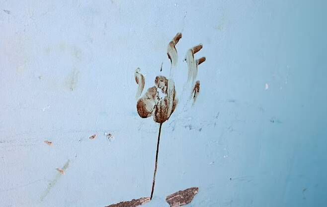 지난달 7일(이하 현지시간) 팔레스타인 무장정파 하마스가 이스라엘을 기습 공격해 민간인 1400여 명을 살해하고 250여 명을 납치한 가운데, 당시 피해가 가장 컸던 이스라엘 남부 마을의 외벽에 남아있는 피 묻은 손자국. AFP 연합뉴스