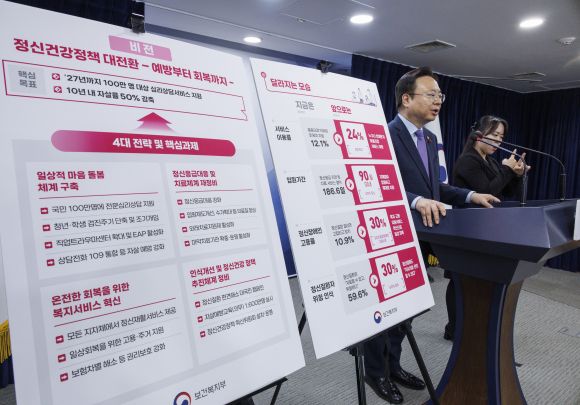 조규홍 보건복지부 장관이 5일 오후 서울 종로구 정부서울청사에서 정신 건강 혁신 방안 발표를 하고 있다. 연합뉴스