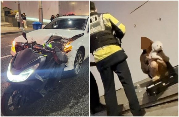 지난 3일 새벽 서울 강남구 논현동에서 20대 여성이 음주운전을 하다 낸 사고 현장에서 강아지를 끌어안고 지켜보고 있는 모습. 유튜브 ‘카라큘라 미디어’ 캡처