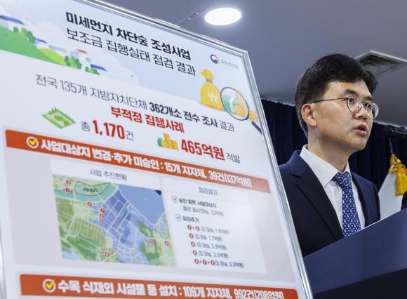 미세먼지 차단 숲 부적정 집행사례 1,170건 적발 - 신대경 국무조정실 정부합동 부패예방추진단 부단장이 22일 오후 서울 종로구 정부서울청사에서 미세먼지 차단 숲 조성사업 운영 실태 점검 결과를 발표하고 있다. 연합뉴스