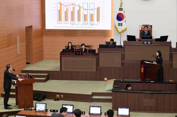 지난 22일 열린 제323회 임시회에서 조희연 교육감에게 시정질문 중인 이새날 의원