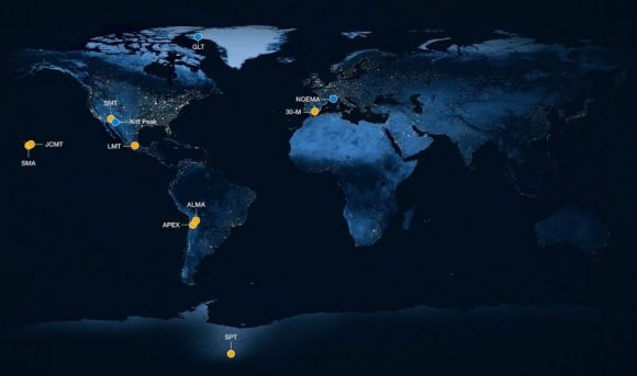 사건지평선 망원경을 구성하는 세계 각지에 분포된 전파망원경들.