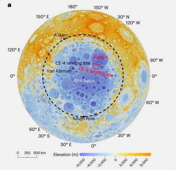 창어 6호의 착륙지인 달 남극 아이켄 충돌분지 내 북동쪽의 아폴로 충돌구(빨간색 네모). / 출처=CNSA