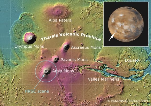 화성의 화산 지대 위치와 아르시아 몬스(Arsia Mons). 사진=NASA