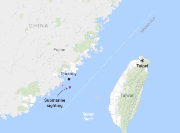 지난 18일 중국 핵잠수함이 떠오른 위치. 사우스차이나모닝포스트 캡처