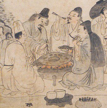 숯불을 피운 화로 곁에 둘러앉아 고기를 먹는 모습을 그린 19세기 화가 성협의 ‘고기굽기’. 국립중앙박물관 제공