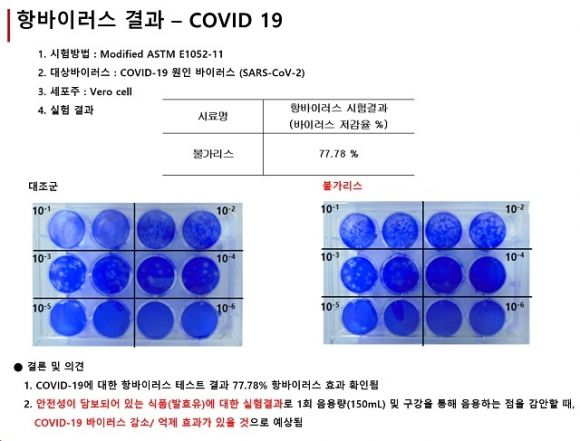 발효유제품 ‘불가리스’가 코로나19 바이러스를 억제하는 효과가 있다는 남양유업의 발표 자료. 남양유업