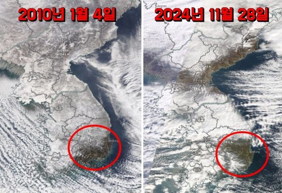 왼쪽은 2010년 1월 5일, 오른쪽은 2024년 11월 28일 NASA 테라 위성이 촬영한 한반도 위성사진. NASA 월드뷰 캡처