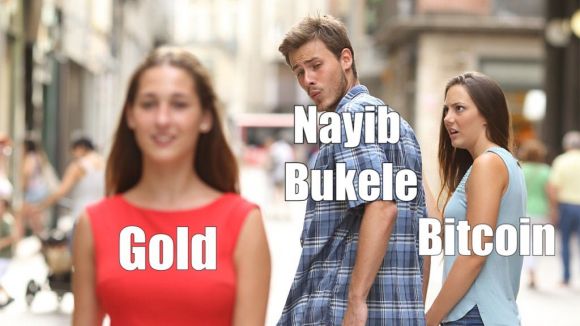 나이브 부켈레 엘살바도르 대통령의 금 캐기를 풍자한 이미지. 부켈레 대통령은 이 이미지가 담긴 포스트를 자신의 엑스에 공유했다.
