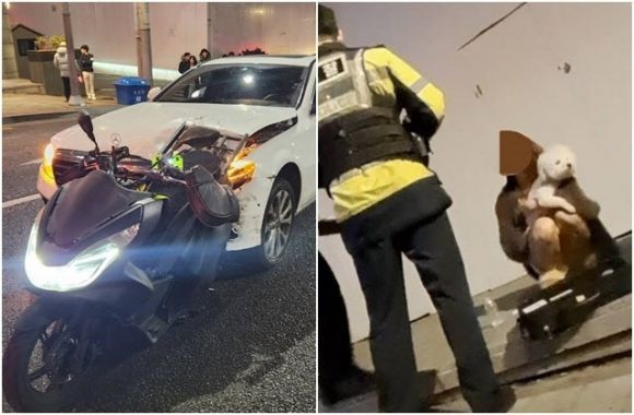 지난 2월 3일 새벽 서울 강남구 논현동에서 DJ 예송 음주운전을 하다 낸 사고 현장에서 강아지를 끌어안고 사고 차량을 지켜보고 있는 모습. 유튜브 ‘카라큘라 미디어’ 캡처