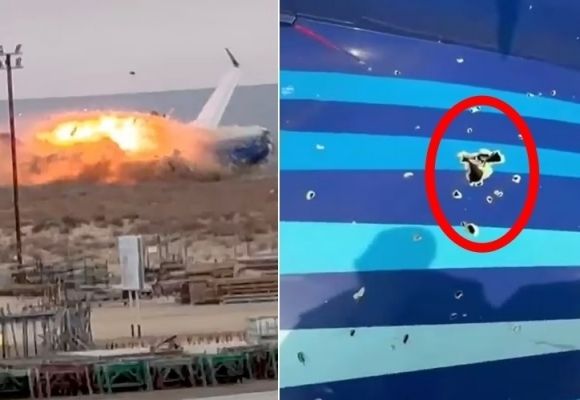 25일 오전 아제르바이잔 수도 바쿠를 출발해 러시아 연방인 체첸공화국의 그로즈니로 가던 아제르바이잔 항공 J2 8343편 여객기가 카자흐스탄 서부 악타우시 인근에서 추락해 최소 38명이 사망했다(왼쪽, east2west 뉴스 캡처), 사고 동체에서 발견된 의심스러운 구멍들(오른쪽, 데일리메일 영상 캡처)