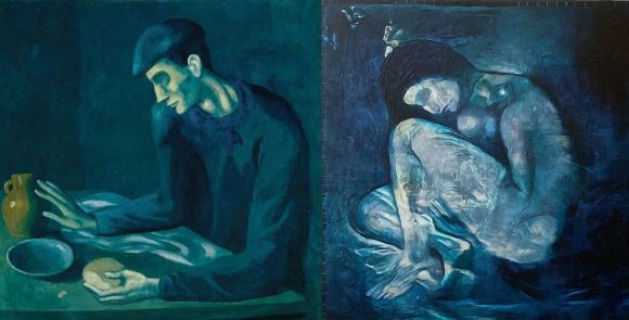 피카소의 1903년 작인 ‘맹인의 식사’(사진 왼쪽)와 이 그림에 숨겨진 ‘외로운 웅크린 누드’. Oxia Palus