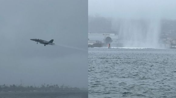 12일 오전 10시 15분경 샌디에이고 코로나도섬과 항구 사이의 바다에 추락한 미 해군 소속 EA-18G 그라울러 항공기(왼쪽), 오른쪽은 추락 직후 바다의 모습.