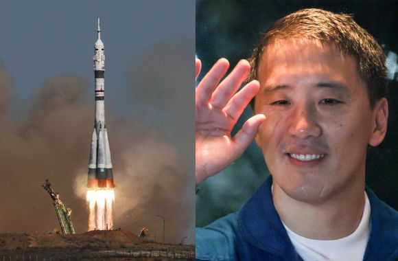 8일 발사된 소유즈 MS-27 우주선의 모습과 출발에 앞서 손을 흔드는 조니 김. TASS 연합뉴스