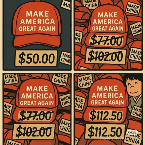 류펑위 주미 중국대사관 대변인은 한술 더 떠서 마가 모자 가격이 기존 50달러의 2배가 넘는 112.50달러까지 뛸 거라는 내용의 밈을 올렸다. 엑스 캡처.