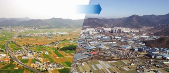 대구 달성군 유가·현풍읍에 들어선 ‘대구테크노폴리스’의 과거(왼쪽)와 현재 모습. 대구시 편입 30주년을 맞은 달성군은 산업단지가 조성되고 도시철도가 개통되면서 그동안 인구가 2.3배 늘었고 예산 규모도 10배 이상 커지면서 대구의 중심으로 떠올랐다.  달성군 제공