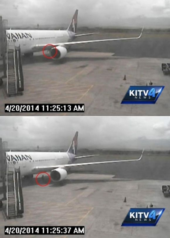 2014년 미국 캘리포니아 산호세발 하와이안 항공기 바퀴에 매달려 하와이까지 총 5시간 넘게 비행한 15세 소년 야히아 압디가 스스로 바퀴 랜딩기어 격납고에서 걸어나오는 모습. 공항 CCTV 캡처