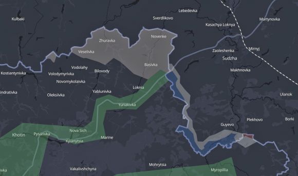 4월 29일(현지시간) 우크라이나 수미 지역 주지사 올레흐 흐리호로프는 러시아의 공격으로 4개 국경 마을이 ‘회색 지대’에 들어섰다며, 러시아군이 완충 지대를 조성하려고 한다고 밝혔다. 사진은 현재 수미 지역에 형성된 회색지대를 보여주는 지도. 2025.5.3 텔레그램