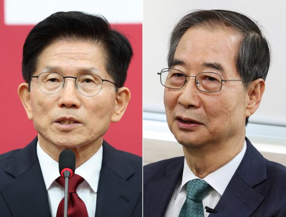 김문수(왼쪽) 국민의힘 대선 후보와 무소속 한덕수 대선 예비후보. 뉴스1 자료사진