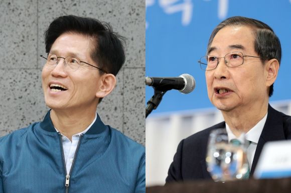 김문수 국민의힘 대선 후보, 한덕수 무소속 대선 예비후보. 연합뉴스