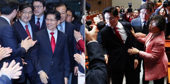 국민의힘 의원총회 온도차 - 김문수 국민의힘 대통령 후보가 9일 서울 여의도 국회에서 권영세 비대위원장, 권성동 원내대표와 의원총회에 입장하며 박수를 받는 모습(왼쪽)과 김 후보가 지도부를 향해 “무소속을 당 후보 만들려 불법부당 수단 동원, 중단하라”며 입장을 밝힌 뒤 의총장을 떠나자 의원들이 붙잡는 모습.  뉴스1