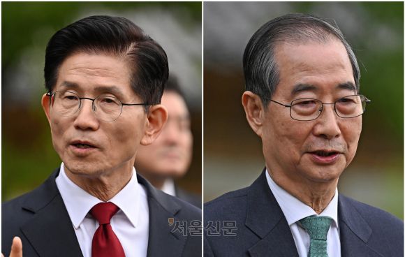 김문수(왼쪽) 국민의힘 대선 후보와 한덕수 무소속 대선 예비후보가 지난 8일 서울 여의도 국회 강변서재에서 후보 단일화 관련 회동을 마친 뒤 취재진의 질문에 답변하고 있다. 2025.5.8 홍윤기 기자