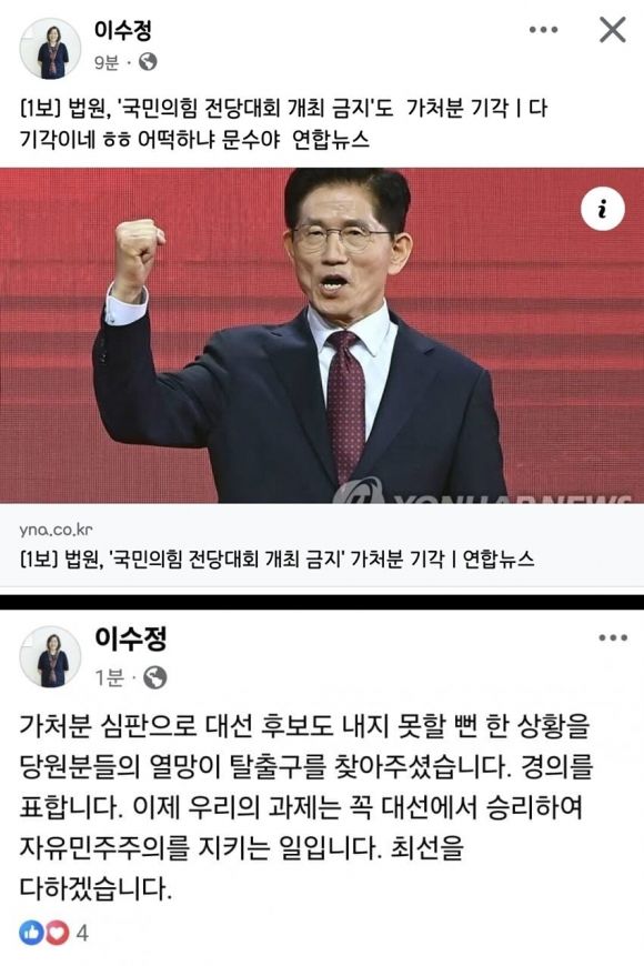 김문수 대선 후보의 가처분 신청 기각과 관련해 9일과 11일 이수정 국민의힘(수원정) 당협위원장이 페이스북에 쓴 글. 현재는 찾아볼 수 없다. 온라인 커뮤니티 캡처