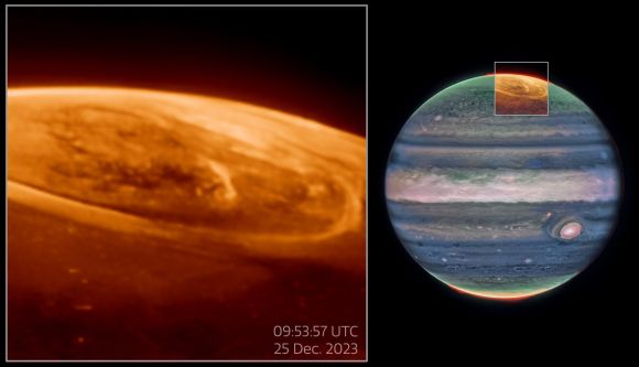2023년 12월 25일 웹 망원경의 NIRCam(근적외선 카메라)으로 촬영된 목성 오로라. 사진=NASA, ESA, CSA, STScI, Ricardo Hueso (UPV), Imke de Pater (UC Berkeley), Thierry Fouchet (Observatory of Paris), Leigh Fletcher (University of Leicester), Michael H. Wong (UC Berkeley), Joseph DePasquale (STScI), J. Nichols (University of Leicester), M. Zamani (ESA/Webb)