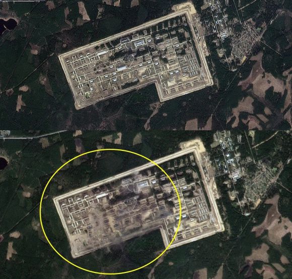 위성으로 본 러시아 탄약고 폭발 전인 지난달 20일(위)과 24일 모습. Planet Labs