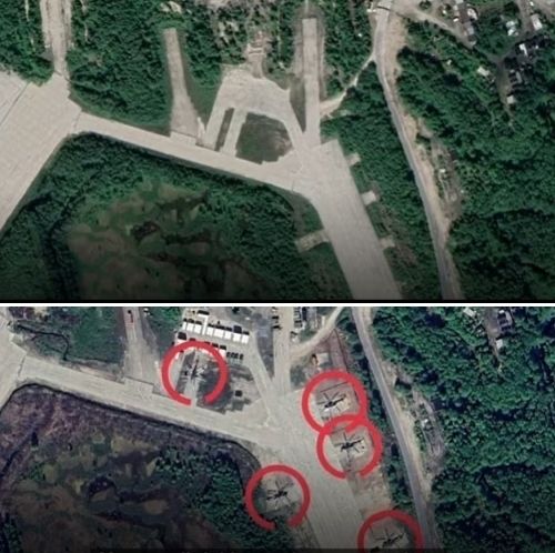 사진 위는 무르만스크주(州)에 있는 군사 지역인 세베로모르스크-2의 공군기지가 개조되기 전, 아래는 개조된 공군기지 활주로를 따라 헬리콥터가 이동하는 최근 모습. 스웨덴 SVT 제공