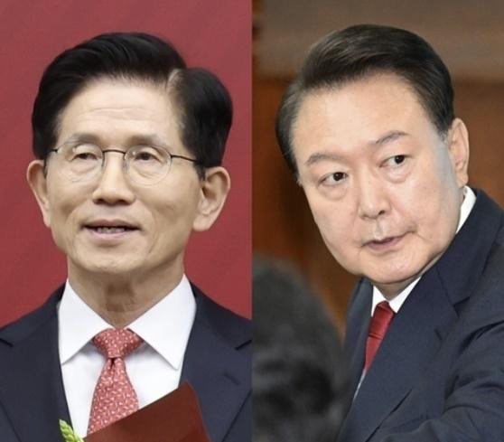 김문수 국민의힘 대선후보, 윤석열 전 대통령. 연합뉴스