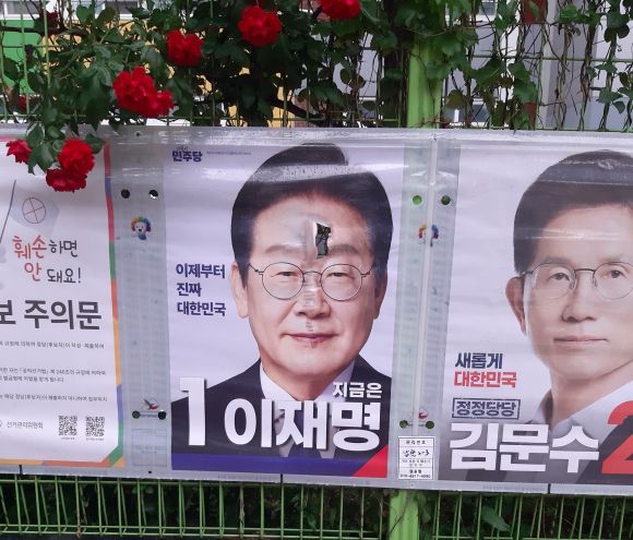 16일 오후 6시 30분쯤 대구 중구 남산초 외벽에 설치된 이재명 더불어민주당 대통령 후보의 선거 홍보물이 훼손돼 경찰이 수사에 나섰다. 2025.5.17 더불어민주당 대구시당 제공 뉴스1