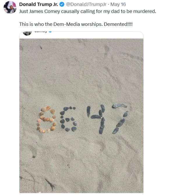 전 FBI 국장의 ‘86 47’이 대통령 암살 선동이라고 주장한 트럼프 주니어의 게시물. 엑스 캡처