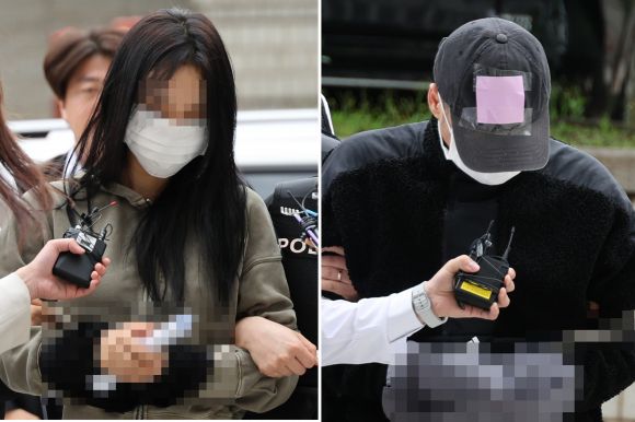 축구 국가대표팀 주장 손흥민의 아이를 임신했다고 주장하며 손흥민으로부터 돈을 뜯어내려 한 20대 여성 양모(왼쪽)씨와 40대 남성 용모씨가 17일 구속 전 피의자 심문(영장실질심사)을 받기 위해 서울 서초구 서울중앙지법에 들어서고 있다. 2025.5.17 연합뉴스