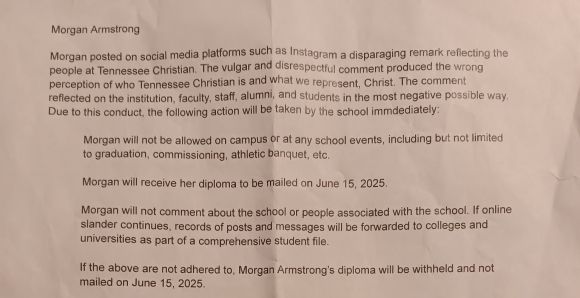 학교가 모건 암스트롱에게 전달한 공식 서한. 졸업식 등 모든 학교 행사에 참석할 수 없고, 학교나 학교 관계자에 대해 추가로 언급할 경우 졸업장도 발송하지 않겠다는 내용이 담겼다. WSMV 방송 캡처