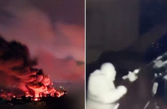 지난 24~25일(현지시간) 우크라이나 수도 키이우가 러시아군의 대규모 공습을 받아 불타고 있다(왼쪽 사진). 손전등과 소총으로 러시아의 드론을 격추하는 키이우 경찰(오른쪽). 키이우 경찰 텔레그램 제공