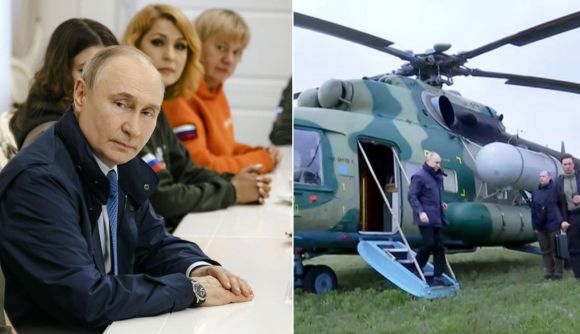 블라디미르 푸틴 러시아 대통령은 20일(현지시간) 전용 헬리콥터를 타고 쿠르스크 지역을 방문했다. 사진은 이날 쿠르스크 지역 자원봉사자들을 만난 푸틴 대통령(왼쪽)과 그가 과거 탑승했던 헬기 모습. AP·AFP 연합뉴스