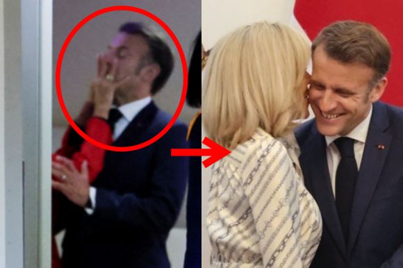 25일 에마뉘엘 마크롱 프랑스 대통령의 얼굴을 브리지트 마크롱 여사가 대통령 전용기 안에서 밀고 있는 모습(왼쪽)과 28일 마크롱 대통령과 브리지트 여사가 인도네시아 자카르타 순방 중에 보인 다정한 모습. 로이터·AFP 연합뉴스