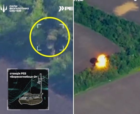 러시아군이 운용하는 최신형 다목적 전자전 시스템이 우크라이나군의 드론에 파괴되는 모습. 우크라이나 드론 부대 텔레그램 캡처