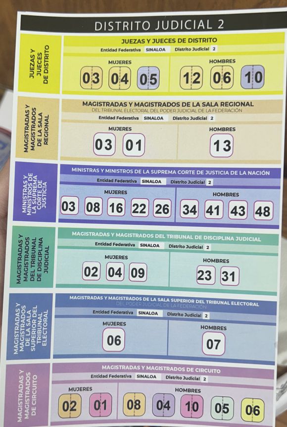 1일 세계 최초로 판사 선출 투표가 실시된 멕시코의 투표 용지에 여당 후보들의 번호가 표시되어 있다. 엑스 캡처