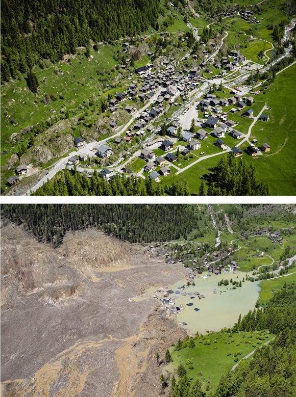 지난달 23일(사진 위)과 산사태 다음날 촬영한 블라텐 마을 비교.  EPA 연합뉴스