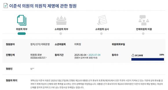 이준석 개혁신당 의원의 의원직 제명을 요구하는 청원에 7일 오후 6시 현재 현재 29만 5000명 넘게 동의했다. 국회전자청원 홈페이지 캡처