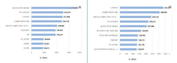 2014년(왼쪽)과 2024년의 입원 다빈도 질병 상위 10위. 건강보험심사평가원 보건의료빅데이터개방시스템