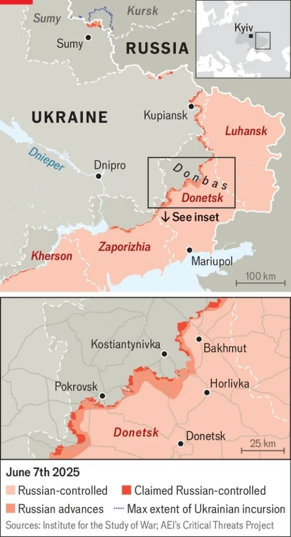 7일(현지시간) 우크라이나 동남부 전선 상황. 2025.6.8 이코노미스트 캡처(ISW 자료)