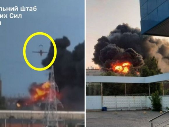 지난 9일 우크라이나 드론(왼쪽 붉은 동그라미) 2대 이상이 러시아 체복사리에 있는 미사일 공장에 충돌하면서 대규모 화재가 발생했다. 우크라이나군 참모본부 페이스북 제공