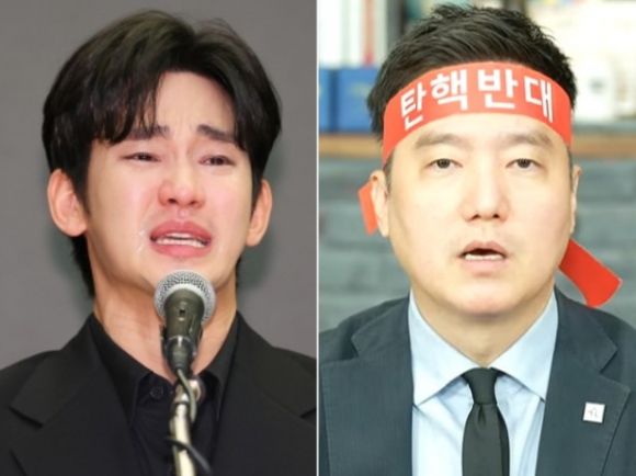배우 김수현(왼쪽)과 유튜브 채널 가로세로연구소(가세연) 운영자 김세의씨. 연합뉴스·가세연 유튜브 캡처