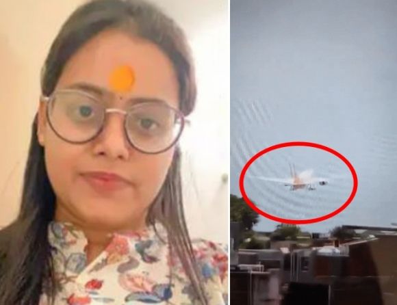 242명을 태운 에어인디아 여객기가 12일(현지시간) 인도 서부 구자라트주 아메다바드 공항에서 이륙한 직후 추락했다(오른쪽). 사진 왼쪽은 교통체증 탓에 공항에 늦게 도착해 비행기를 놓쳤다가 목숨을 건진 인도계 영국 여성.