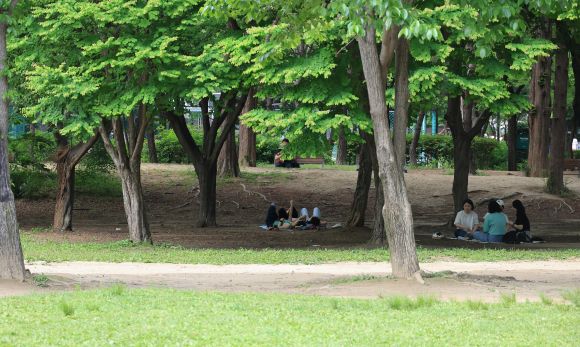 21일 서울 성동구 서울숲에서 시민들이 그늘을 찾아 휴식하고 있다. 사진은 기사 내용과 무관함. 2025.5.21 연합뉴스